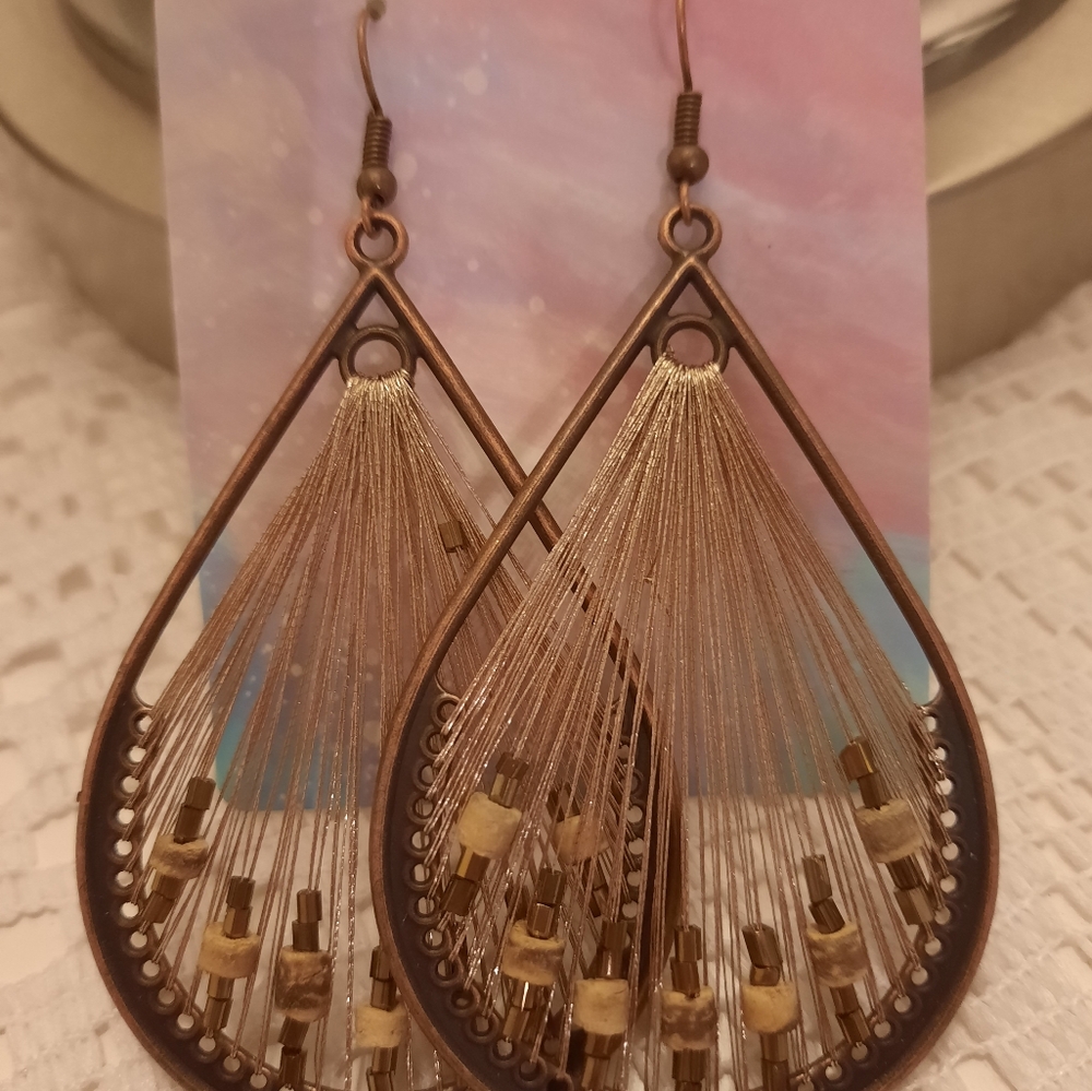 Cora String Teardrop Earrings Ethnic Tribal Brown Vintage Retro Bohemian